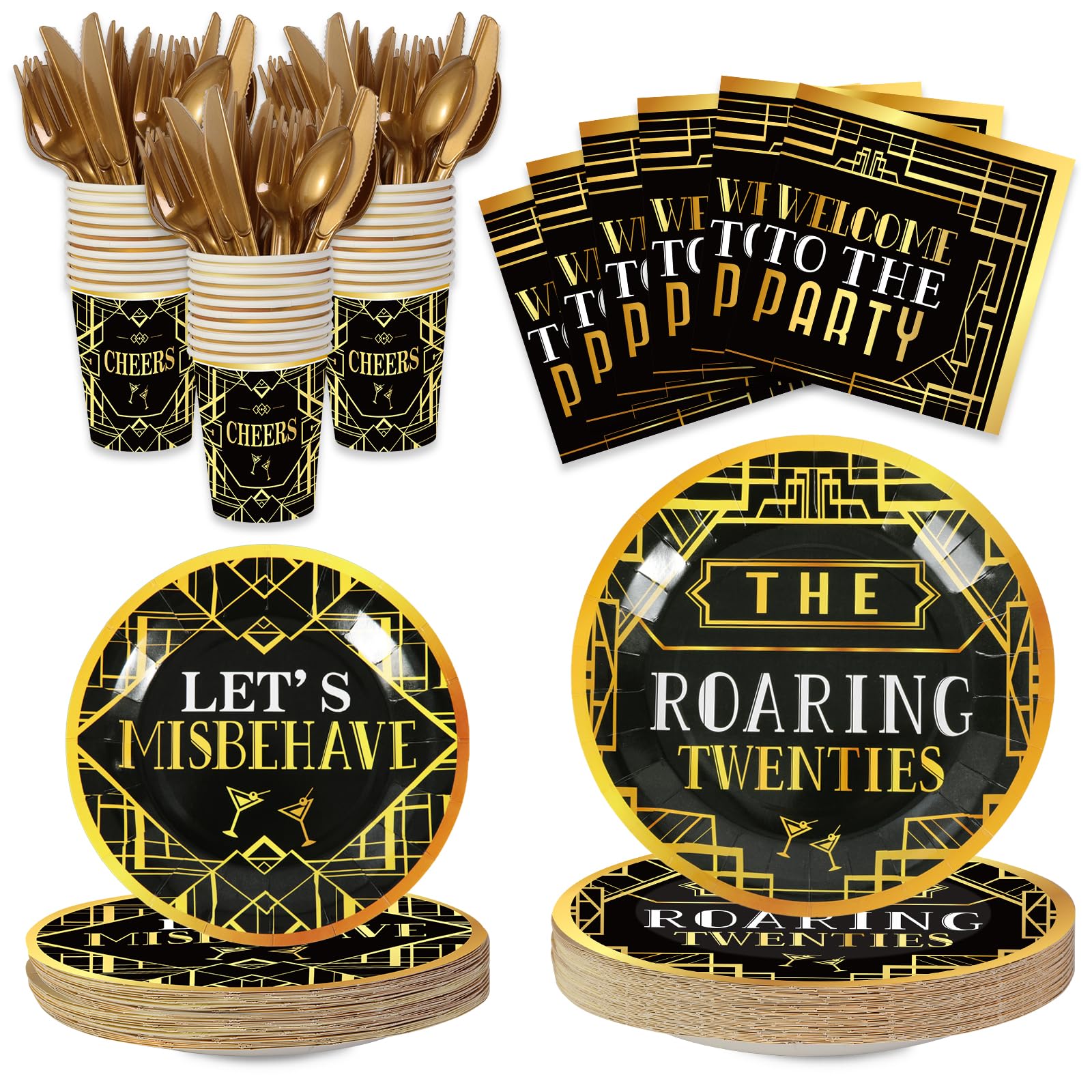 Photo 1 of 168 Pcs Roaring 1920's Party Tableware Set, 24 Guests Black and Gold Speakeasy Birthday Dinner Plates, Dessert Plates, Cups and Napkins for 1920s Vintage Wedding Party Supplies