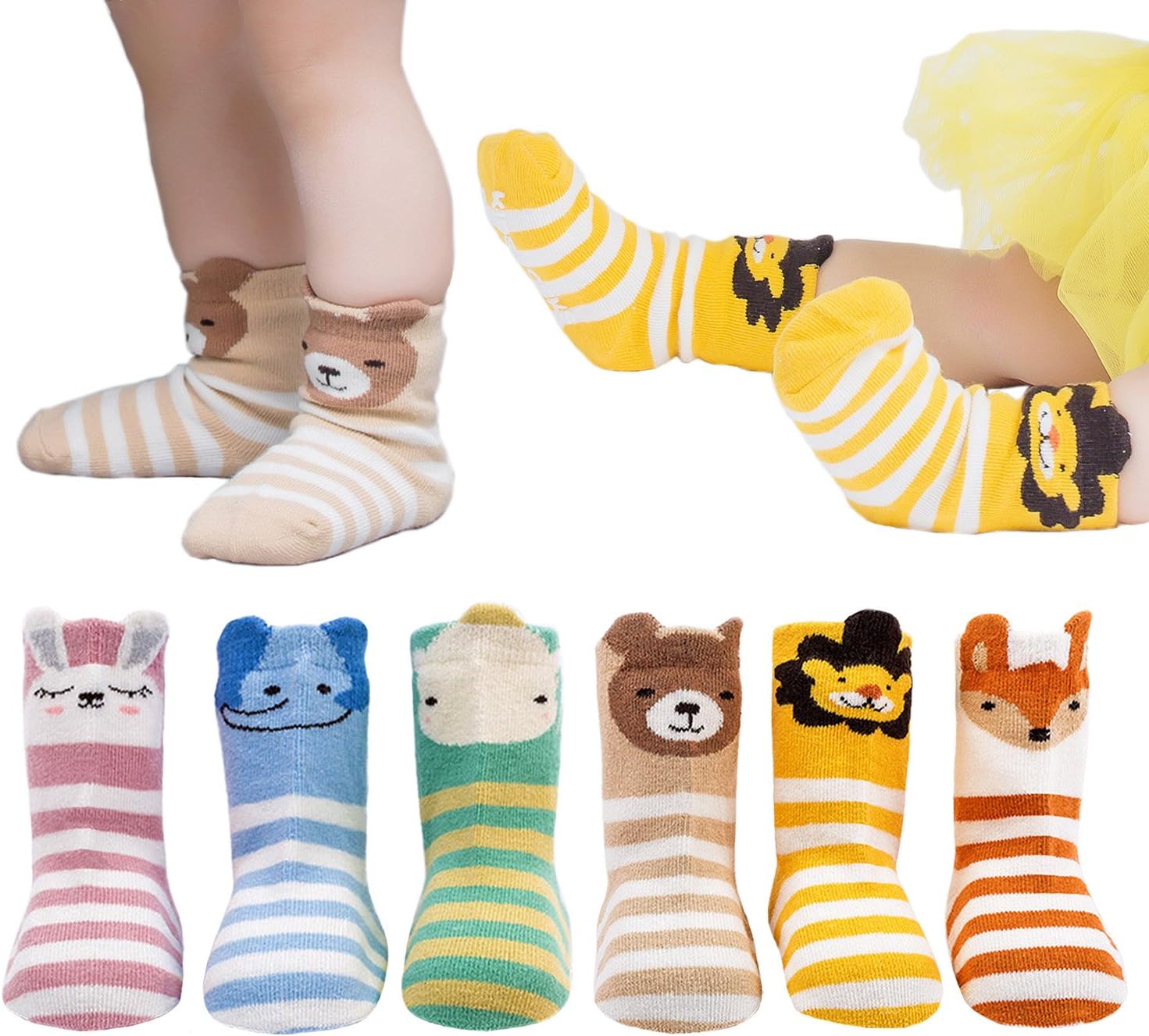 6 Pairs Toddler Socks, Non Skid Cotton Socks for Baby Boys & Girls (Cartoon Animal Rabbit Elephant Hippo Bear Lion Fox)