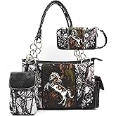 Camouflage Western Style Horse Purse For Women Studded Handbag Floral Tooled Leather Country Shoulder Bag Matching Wallet Set