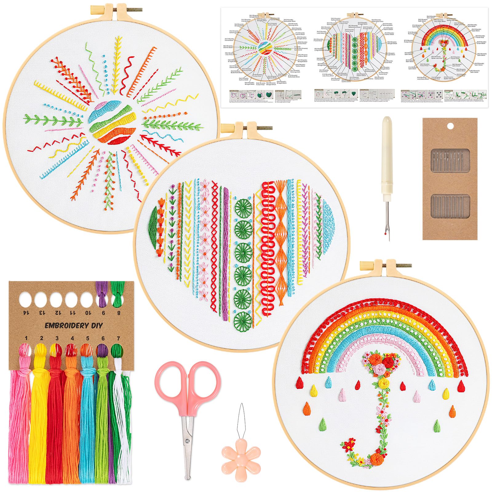 JSRQT 3Pcs Embroidery Kit for Beginners, Rainbow Embroidery Stitch Practice Kits for Adult Kids, Cross Stitch Starter Kit with Instruction Needle and Threads, Hand Needlepoint Embroidery Kit for Decor