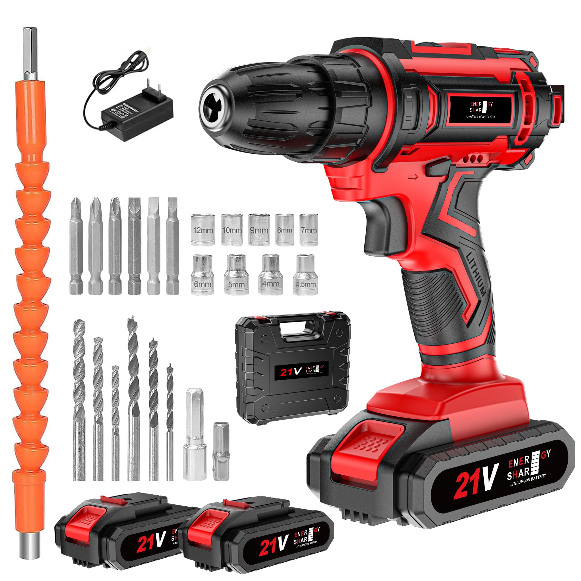Electric Screwdriver, 21 V, Electric Drill, Cordless Brushless Motor, 25 Levels of Torque Adjustment, Unlimited Variable Speed, 1,300 mAh, Includes 2 Batteries, Rechargeable Drill Driver, Up to