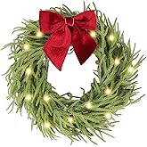 HipTree 26 Inch Christmas Wreaths for Front Door with Lights,Lighted Norfolk Pine Door Wreath,Prelit Real Touch Artificial Green Winter Wreath with Large Burgundy Velvet Bow for Indoor Outdoor Decor