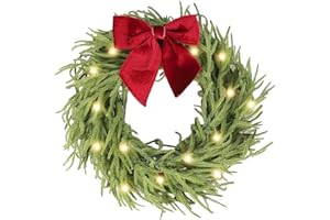 HipTree 26 Inch Christmas Wreaths for Front Door with Lights,Lighted Norfolk Pine Door Wreath,Prelit Real Touch Artificial Green Winter Wreath with Large Burgundy Velvet Bow for Indoor Outdoor Decor