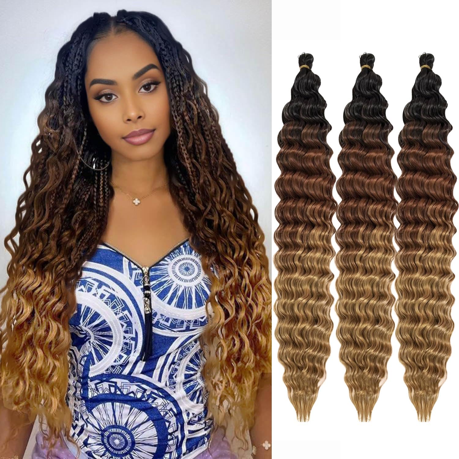 Ocean Wave Crochet Hair 3Packs Deep Wave Braiding Hair Curl Crochet Braiding Hair Extension Ocean Wave Braids Hair for women (1B/30/27#, 24Inch) — image 1