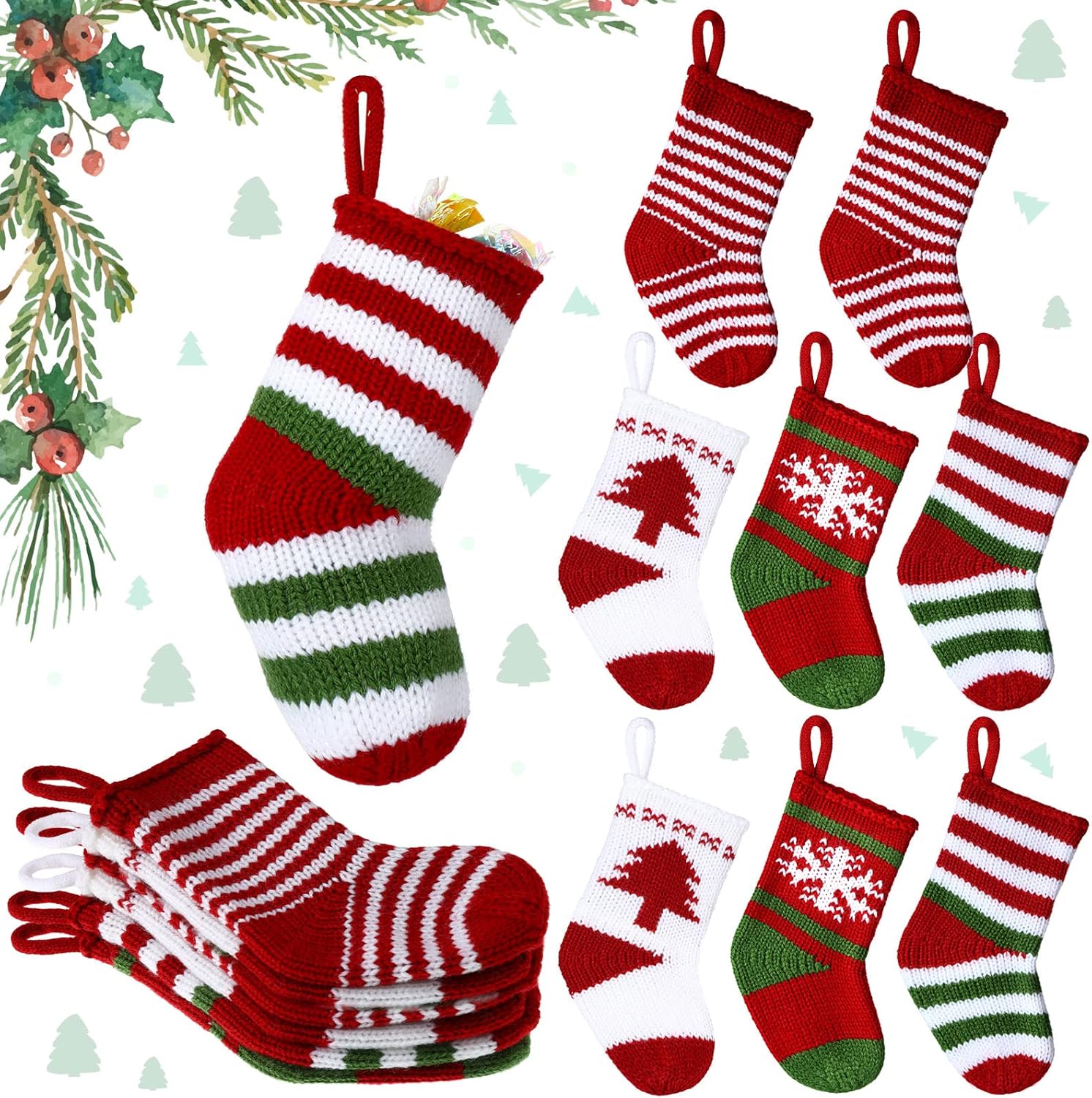 Stockings & Holders - 8 Pcs Mini Christmas Stockings 2 x 5 Knit Stocking Small Xmas Baby Christmas Hanging Stocking Stripe Snowflake Pine Tree Xmas Tiny Stocking Set for Christmas Tree Gift Ornaments Decor