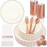 YOUBET 175PCS Ivory Scalloped Plastic Plates - Rose Gold Disposable Dinnerware Set Include 50 Plates, 75 Rose Gold Silverware, 25 Cups, 25 Napkins for Party & Wedding & Baby Shower & Valentine's Day