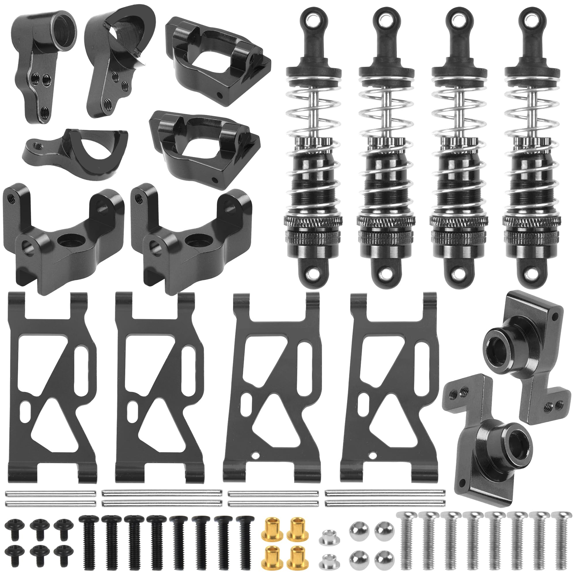 Photo 1 of ShareGoo Aluminum Front Rear Swing Arm & Steering Knuckle Kit & Shock Absorbers Compatible with WLtoys 144010 144001 144002 1/14 RC Car (Black)