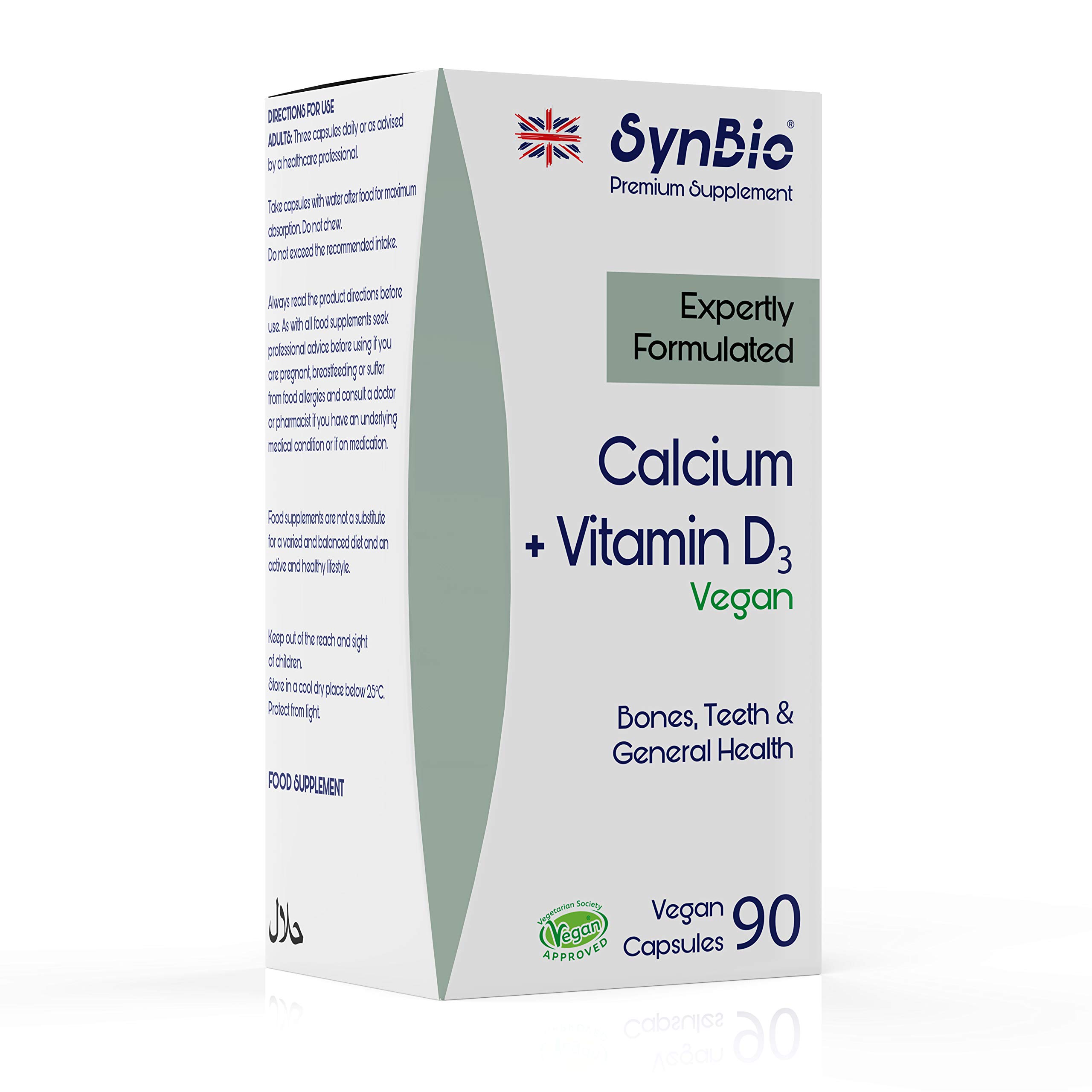 SynBio Premium - Calcium + Vitamin D3 | 90 Vegan Capsules for Enhanced Bone & Teeth Strength | Reduced Risk of Osteoporosis | Free from Dairy, Gluten, Gelatine, SOYA, Sugar | Halal & Kosher