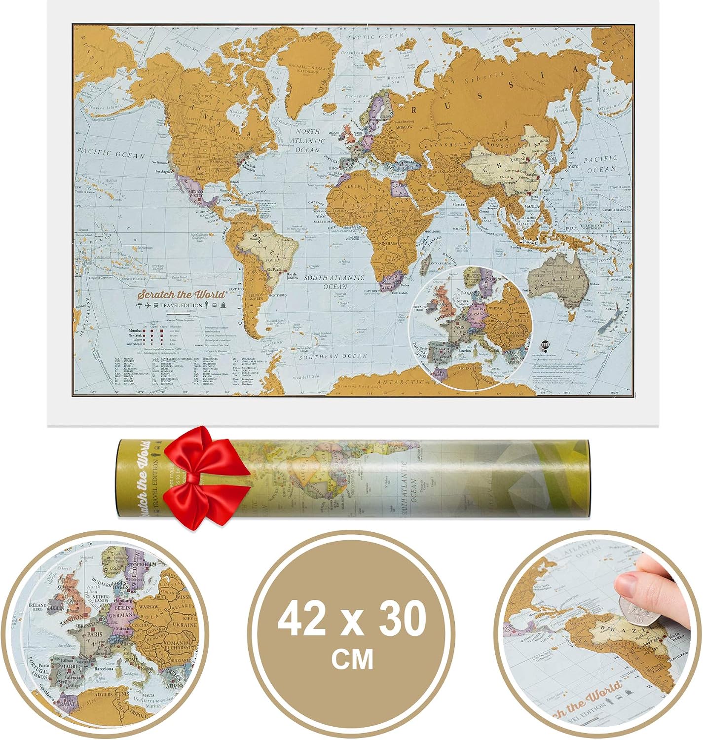 Scratch the World® travel edition map print, with gift tube, a3 travel sized 42.0 (w) x 29.7 (h) cm