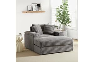JEEOHEY Oversized Cozy Chaise Lounge Chair Indoor with Ottoman,44" W Corduroy Upholstered Comfy Sofa,Modern Fluffy Deep Seat Couch,Leisure Sleeper Sofa Reading Armchair for Living Room,Bedroom,Office,Grey