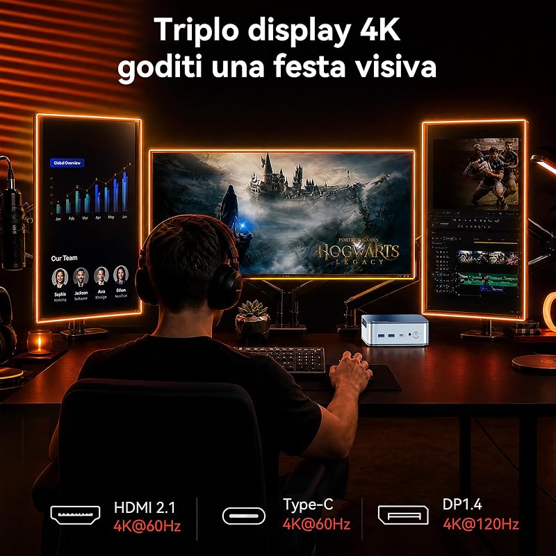 Mini PC Ryzen 5 6600H (Beats 7430U), 16G LPDDR5 512G NVMe SSD, mini computer desktop con triplo display 4K, WiFi 6 BT5.3 Dual LAN, mini computer per ufficio, casa, lavoro