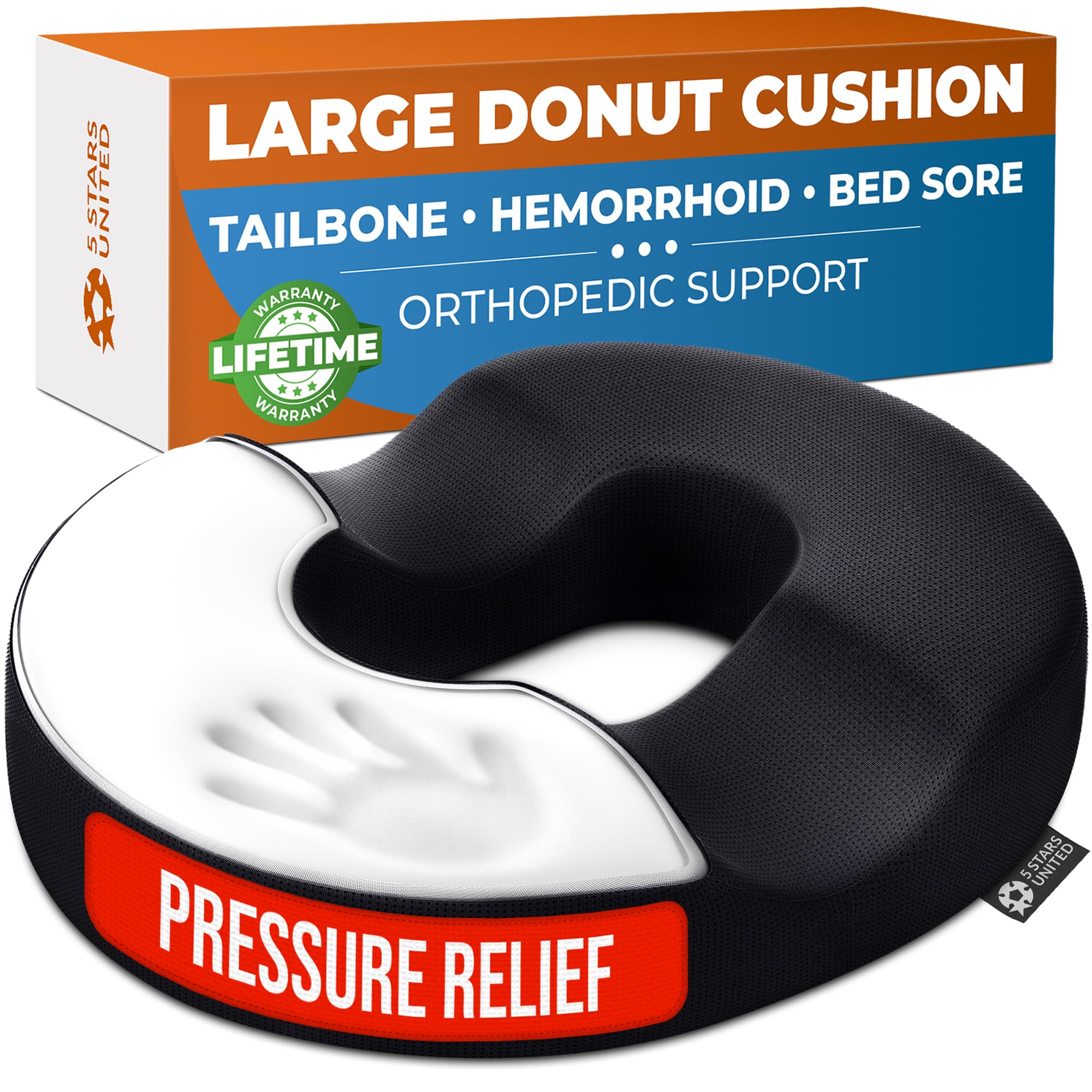 Photo 1 of 5 STARS UNITED Donut Pillow Hemorrhoid Tailbone Cushion – Large Cushion for Pain Relief – Coccyx, Prostate, Sciatica, Pelvic Floor, Pressure Sores, Pregnancy, Postpartum Recovery, Black