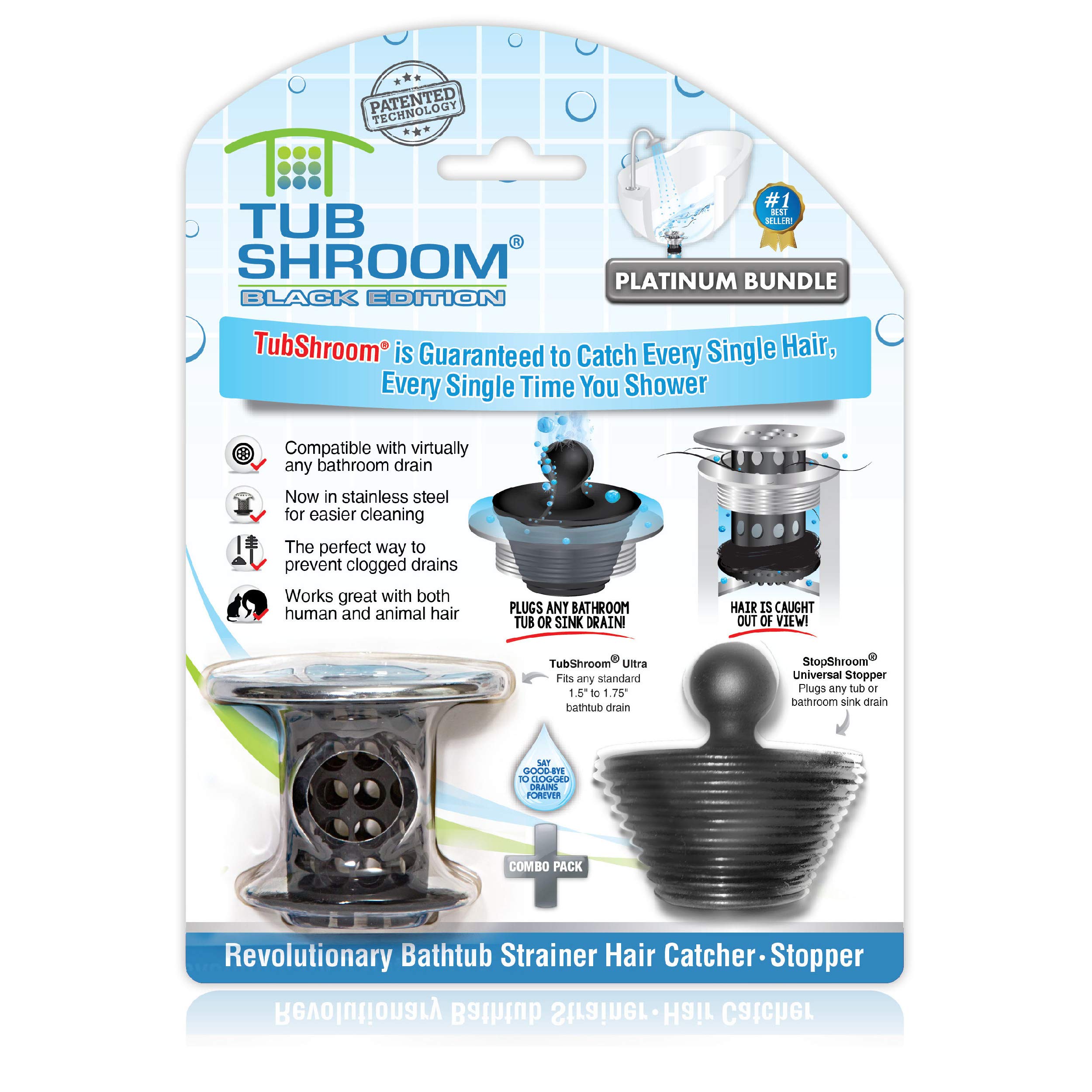 TubShroom Tub Drain Hair Catcher Combo Pack with Silicone Stopper, Black Chrome – Protector and for Bathroom Drains, Fits 1.5” 1.75” Bathtub Shower Drains