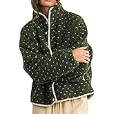 Meyhad Women's Fleece Jacket Button Down Lapel Collar Sherpa Jackets Long Sleeve Contrast Quilted Outerwear