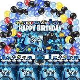 KimaruLZ Video Game Birthday Party Decorations - 109Pcs Gamer Gaming Party Supplies For Boys Birthday Party - Happy Backdrop, Table Cover, Hanging Swirls, Cupcake Cake Topper, Balloons