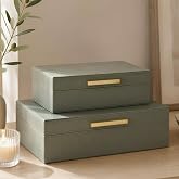 Decorative Storage Boxes with Lids - Set of 2 PU Leather Organizer Bins | Beautiful Bins for Your Bookshelf Home Decor - Safely Store Photos, Documents and Memory Box Keepsakes in Style