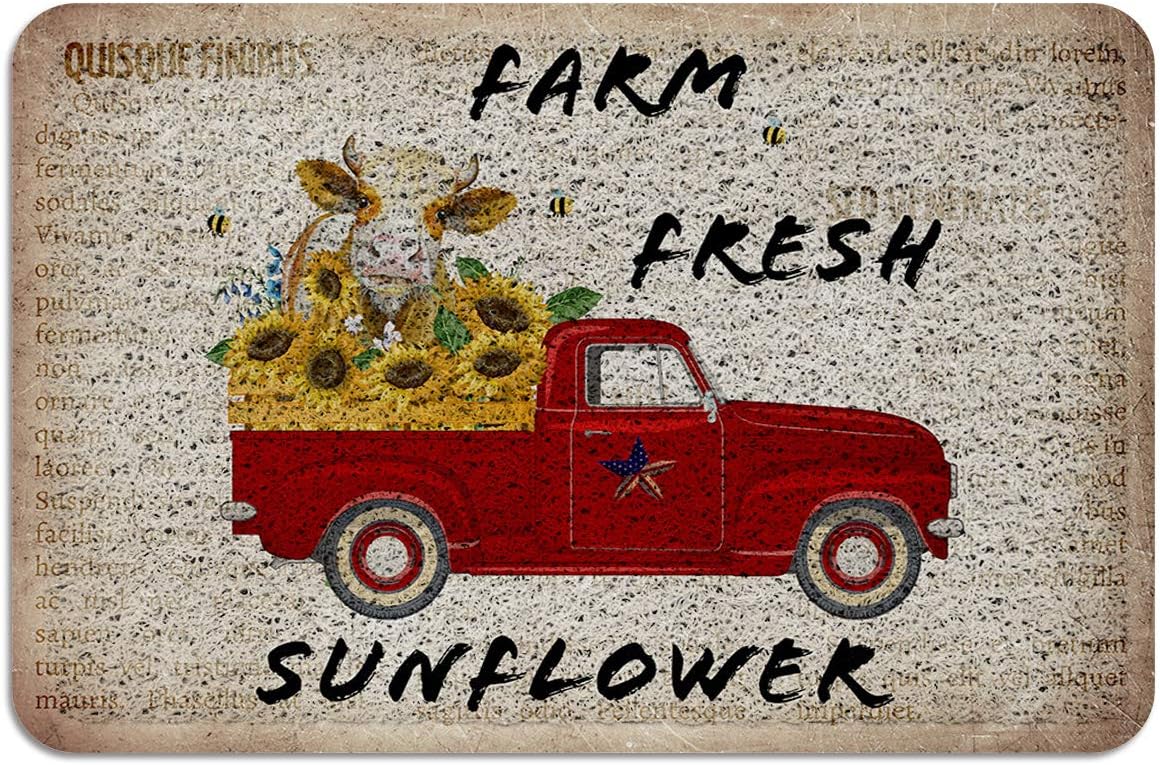 Durable Rubber Door Mat-Luxury Soft Comfort Non-Slip,Farm Fresh Sunflower Vintage Truck Cow with Sunflower Old Newspaper Indoor Outdoor Floor Mats for Entryway