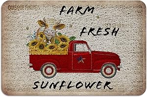 Durable Rubber Door Mat-Luxury Soft Comfort Non-Slip,Farm Fresh Sunflower Vintage Truck Cow with Sunflower Old Newspaper Indoor Outdoor Floor Mats for Entryway