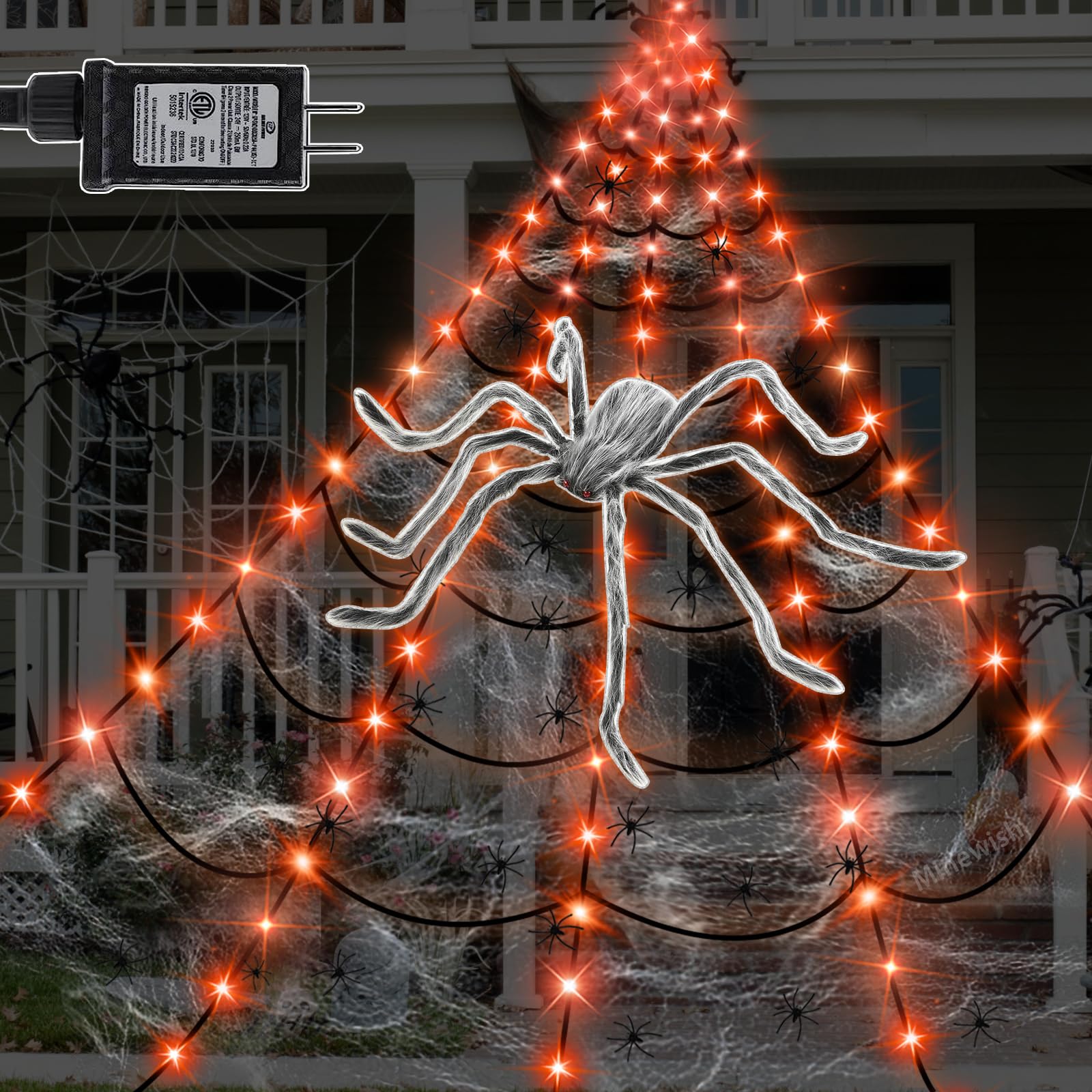 Photo 1 of Spider Web Lights Halloween Decorations Outdoor, 135 Orange LED Light Up 16.4Ft Giant Black Spiderweb & 60" Large Spider & 22 Small Spiders & 20g Stretch Cobweb, 8 Modes Lighted Decor for Yard Outside