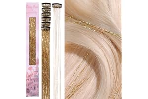 WENNALIFE Hair Tinsel Clip In for Girls Champagne, 6pcs 24 inch Hair Tinsel Clips Tinsel Hair Extensions Clip in Colorful Glitter Tinsel Hair Clips Sparkle Fairy Hair Accessories for Kids
