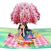 CUTE POPUP Anniversary Pop-Up Card for Couples – 3D Romantic Cherry Blossom Picnic Scene – 6x8 Inch Italy Paper – Love Greeting Card for Him Her, Wedding, Valentine’s Day