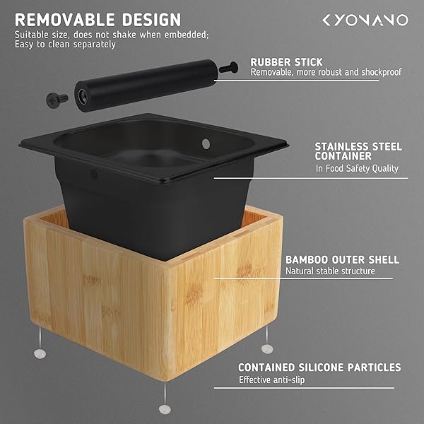 KYONANO KNOCK BOX EXPRESSO – ESPRESSO ACCESSORIES – COFFEE KNOCK BOX WITH DURABLE KNOCK BAR AND NON-SLIP BASE – MADE OF BAMBOO AND STAINLESS STEEL- COFFEE GROUNDS KNOCK BOX