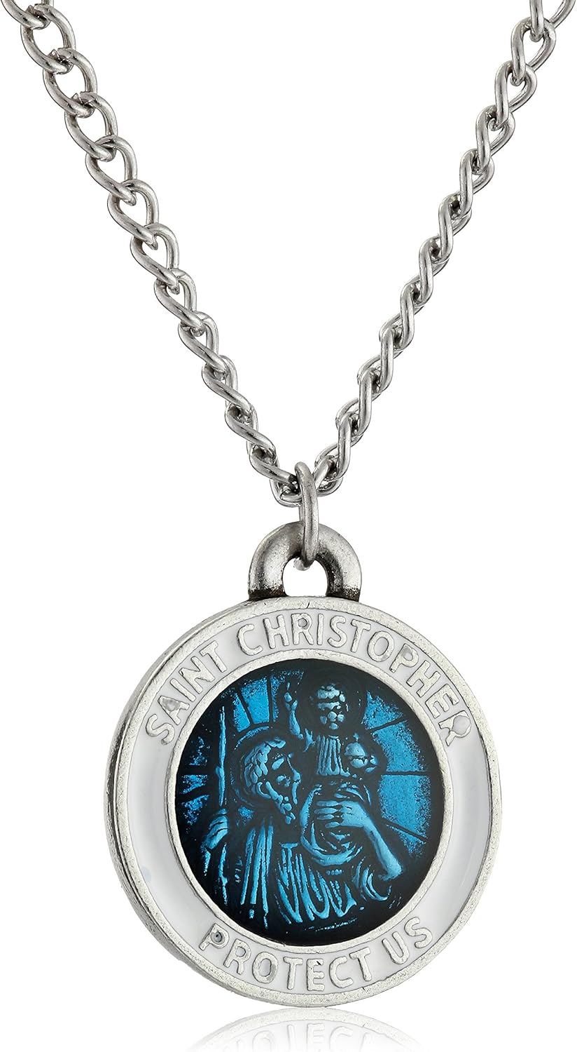 Men's St Christopher Large, Blue Pendant Necklace, 24"