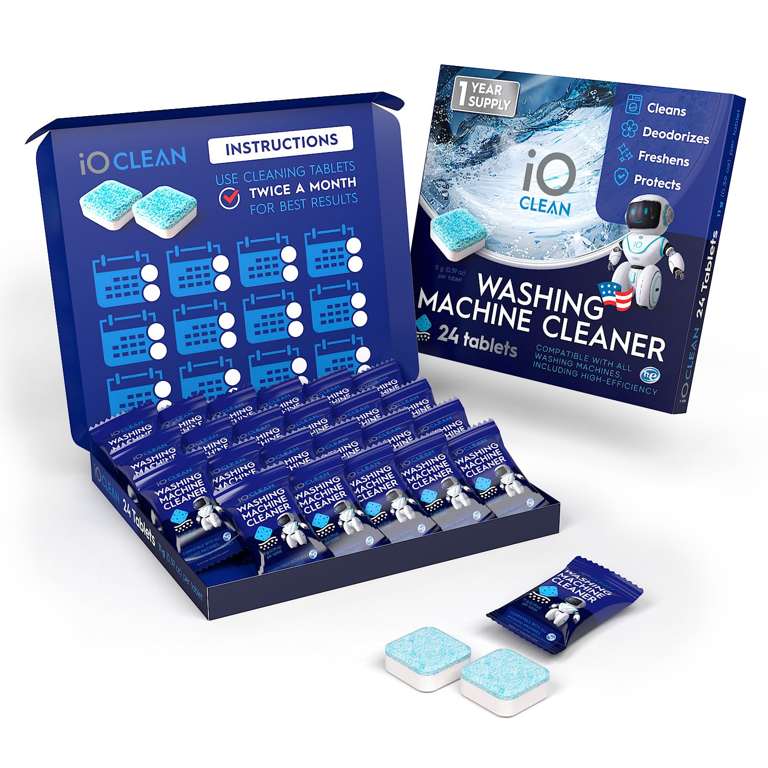 Washing Machine Cleaner and Descaler Tablets 24 Pcs - Deep Clean and Descaling for HE Front and Top Loaders Washer - High-Efficiency Tablets for a Fresh, Spotless Laundry, Remove Odor - 1 Year Supply
