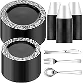 Norme 300 Pieces Disposable Plastic Dinnerware Set, 100 Plastic Plates, 150 Knives, Forks and Spoons with 50 Rimmed Cups for 50 Guests Wedding Party Supplies(Black Silver)