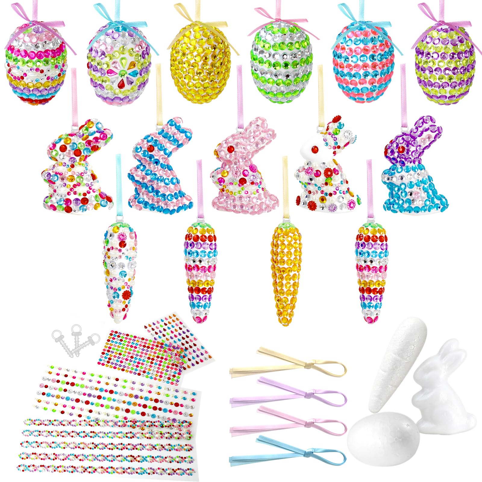 24PCS Easter Tree Ornaments Craft Kit, 8 Easter Eggs 8 Easter Bunny Foam 8 Easter Carrot Hanging Decorations, DIY Glitter Gem Eggs with Ribbons for Basket Stuffers Fillers & Home Decor Party Favors