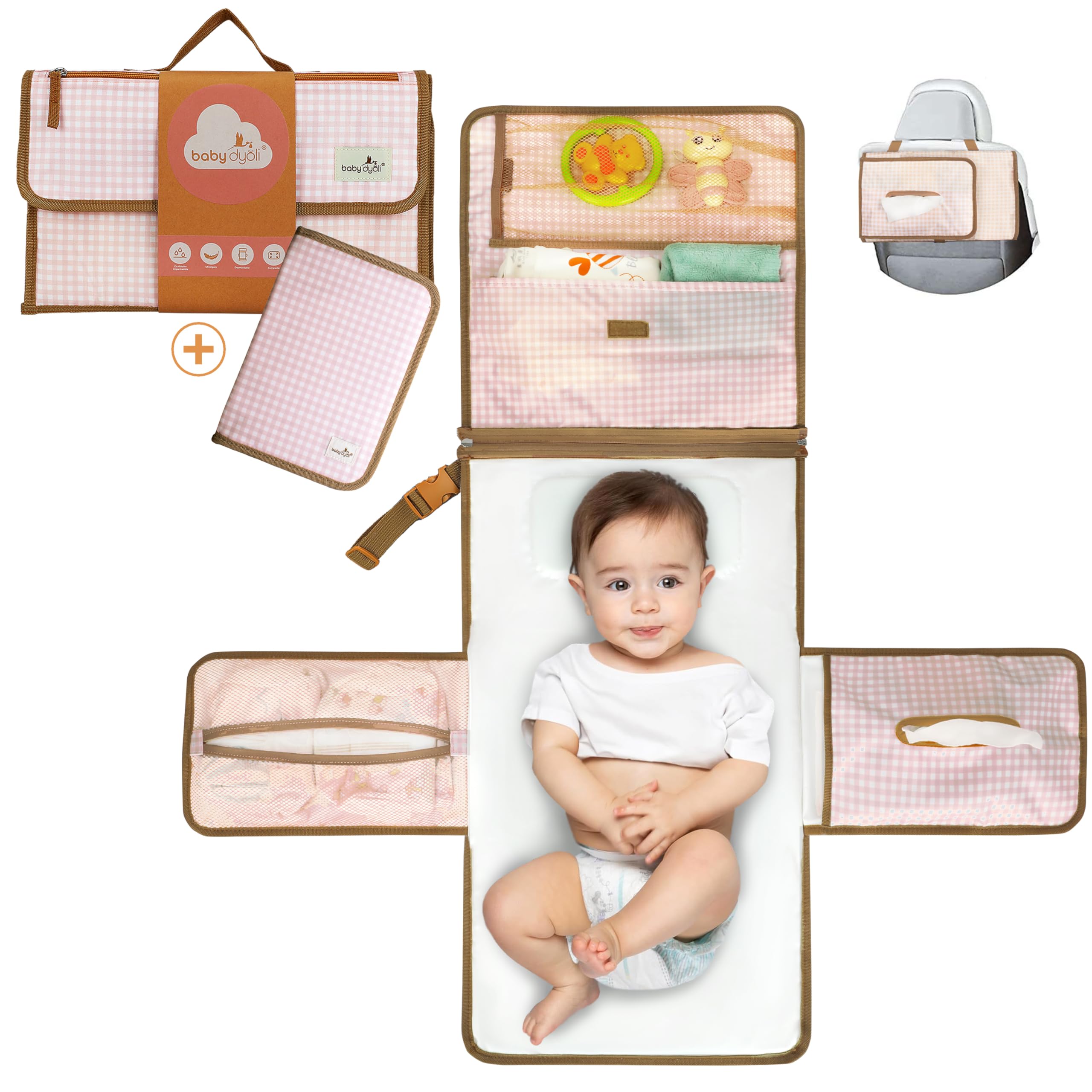XL Portable Baby Changing Mat The Nappy Changing Pad is a Detachable Bag with 6 Pockets as a Baby Items Toiletry Bag Waterproof Foldable Changing Mat Gift for Newborn (Pack Extra (Vichy))