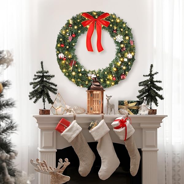 VINGLI PRE-LIT ARTIFICIAL CHRISTMAS WREATH FOR FRONT DOOR, WINDOWS, GREEN CHRISTMAS WREATH DECORATIONS WITH FORESTED BRANCHES, XMAS WREATH W/BOW, PINE CONES, ORNAMENTS, REMOTE CONTROL, TIMER, 36 INCH