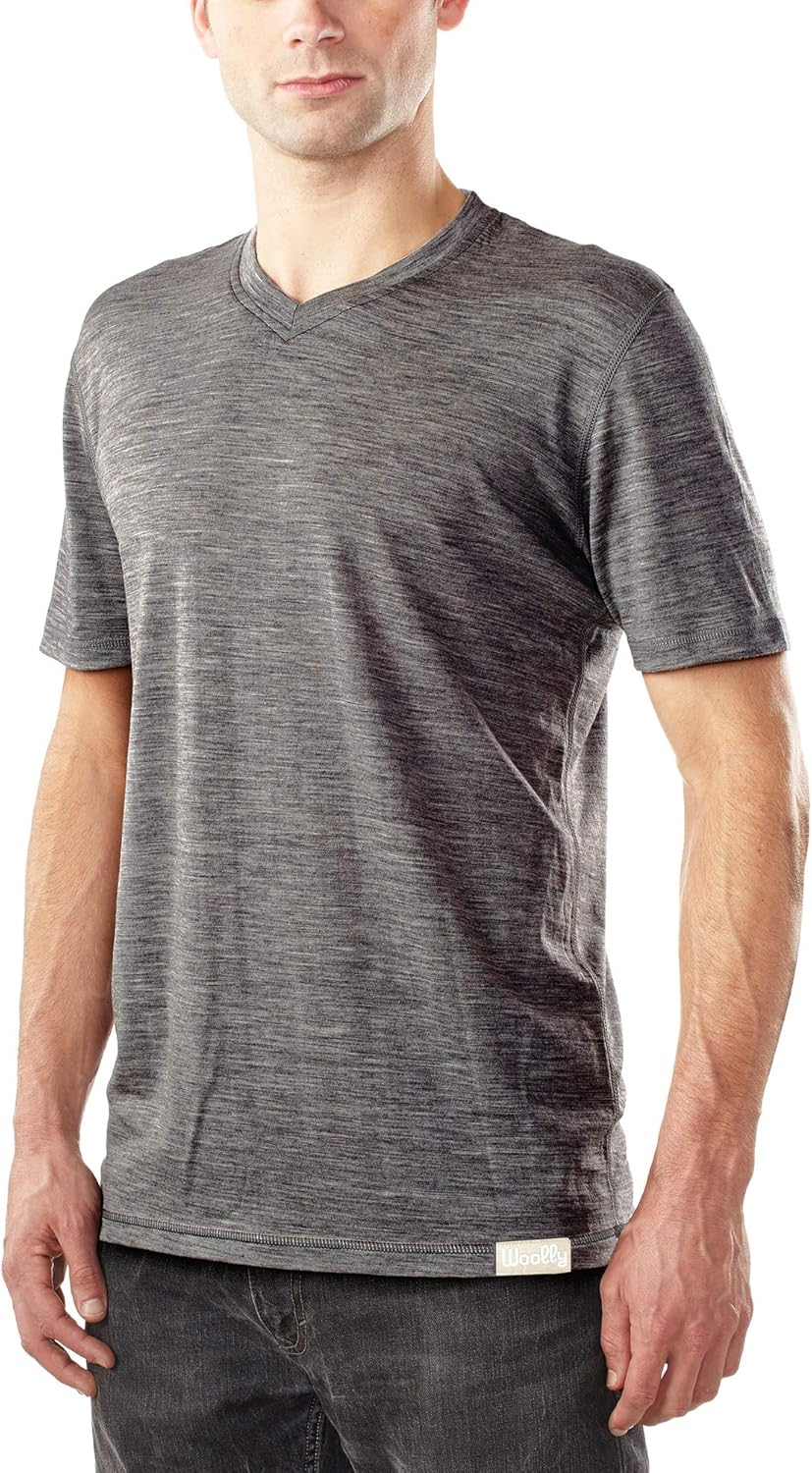 Woolly Clothing Men's Merino Wool V-Neck Tee Shirt - Ultralight - Wicking Breathable Anti-Odor