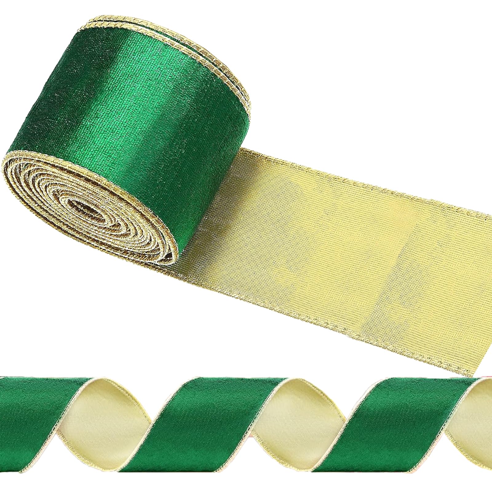 Christmas Ribbon, Green Wired Velvet Christmas Tree Ribbon with Gold Edge 2.5in X 10 Yard Vintage Velvet Ribbon, Christmas Ribbon for Christmas Decor Gift Packaging Xmas Wreath Crafts Party Decoration — image 1