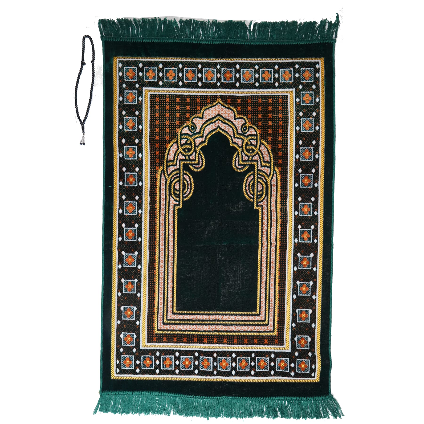 Prayer Mat (+ FREE Prayer Beads Tasbih) Islamic Namaz Lightweight soft Muslim Carpet Turkish Janamaz Namaz Sajadah, Ideal for Travel/Home/Office/Masjid/Hajj/Umrah (L-Green)