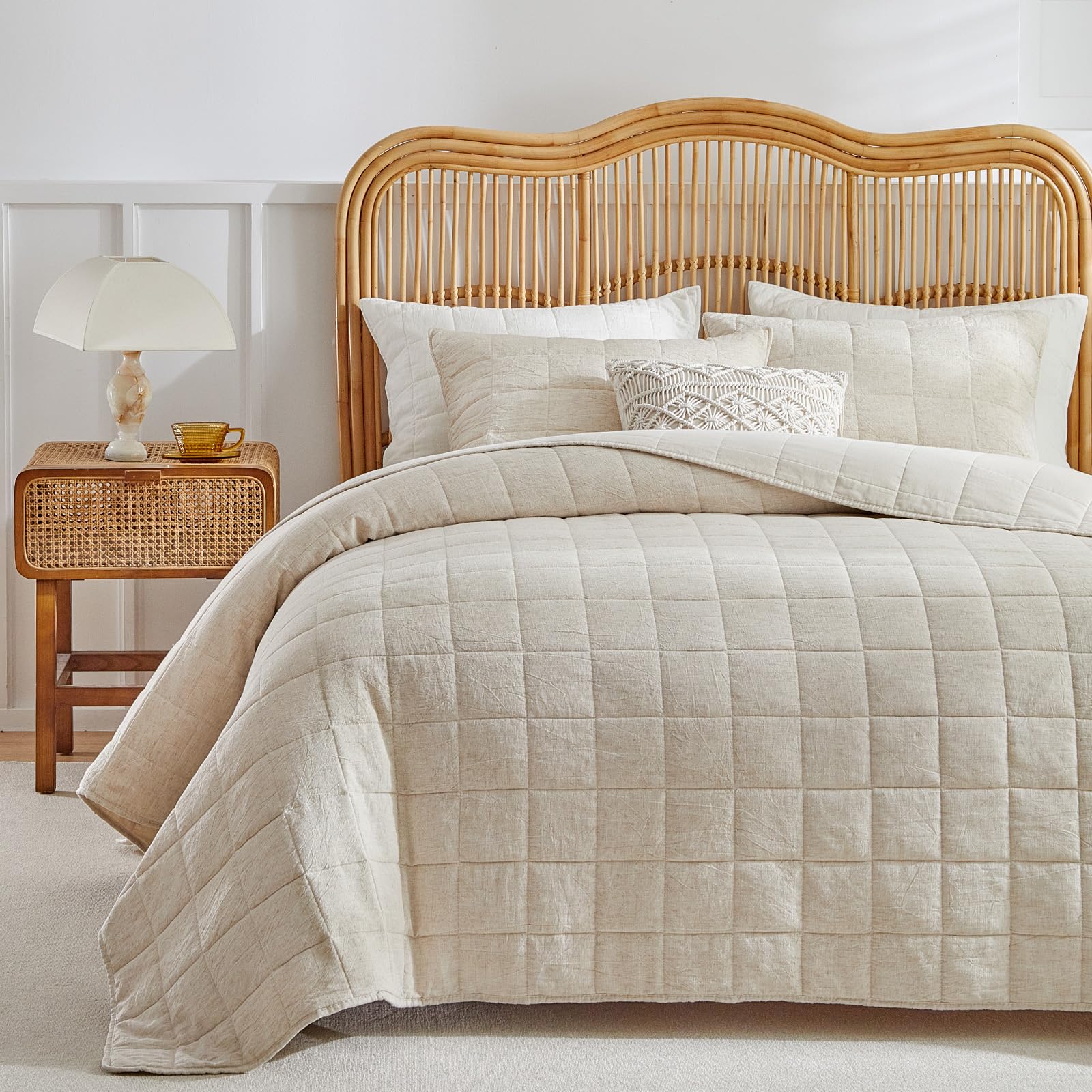 Photo 1 of WARMDERN Linen Cotton Quilts Set Queen Size, 100% Cotton Khaki Quilt Bedspreads with Box Stitched, 3 Pieces Soft Lightweight Bedspreads Coverlet with 2 Pillow Shams for All Season, Khaki, 90x96 inches