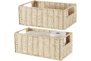 Vagusicc Small Wicker Storage Basket, 11" x 5.9" x 4.8", Beige, Handmade, Foldable, Handle, Stackable