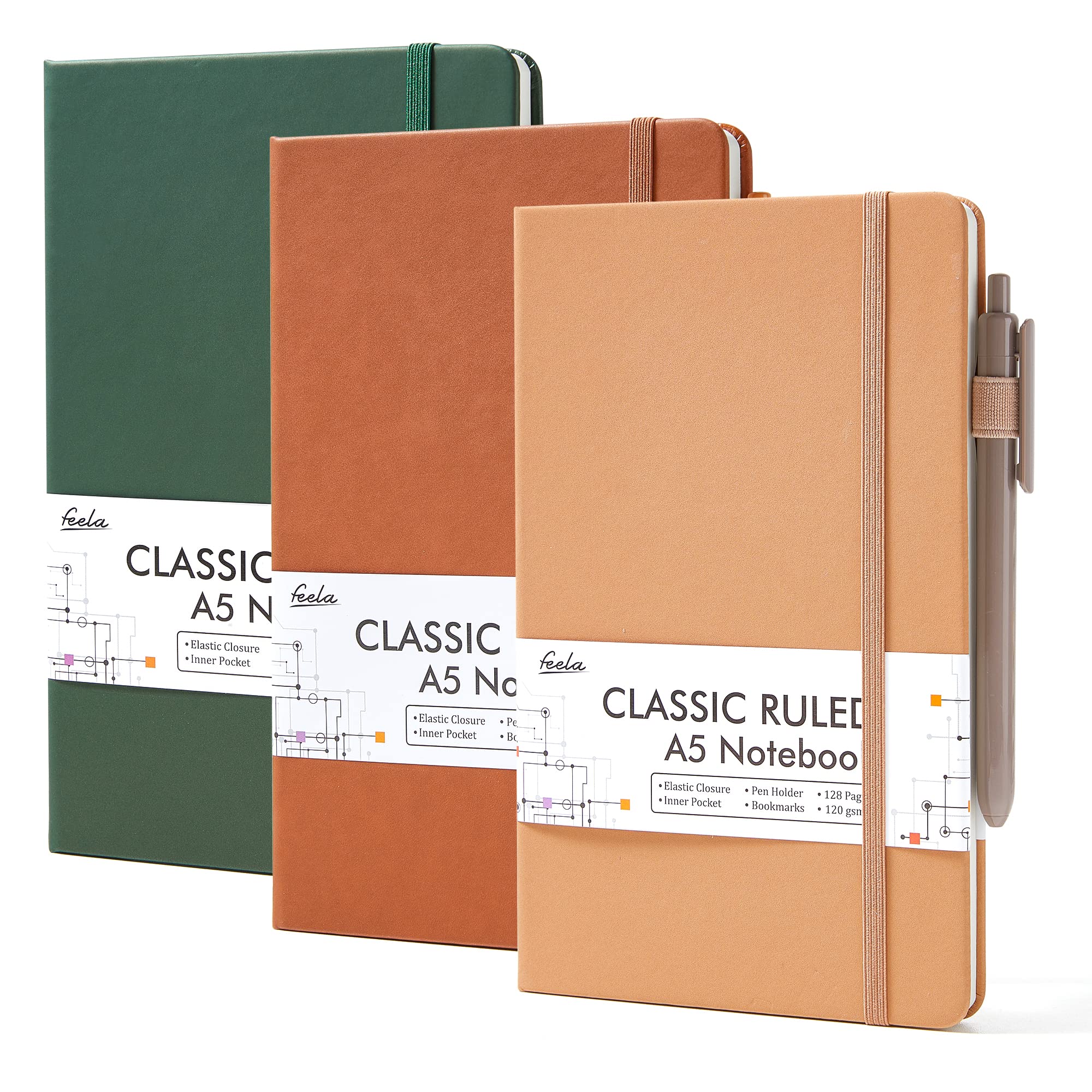 feela A5 Notebooks Multipack, 3 Pack Ruled Lined Notepads A5 (120 GSM), Hardback Journal Notebook with 3 Black Gel Pens, 128 Pages/Pack, 21 x 13cm, Vintage Colours, Green, Orange, Brown