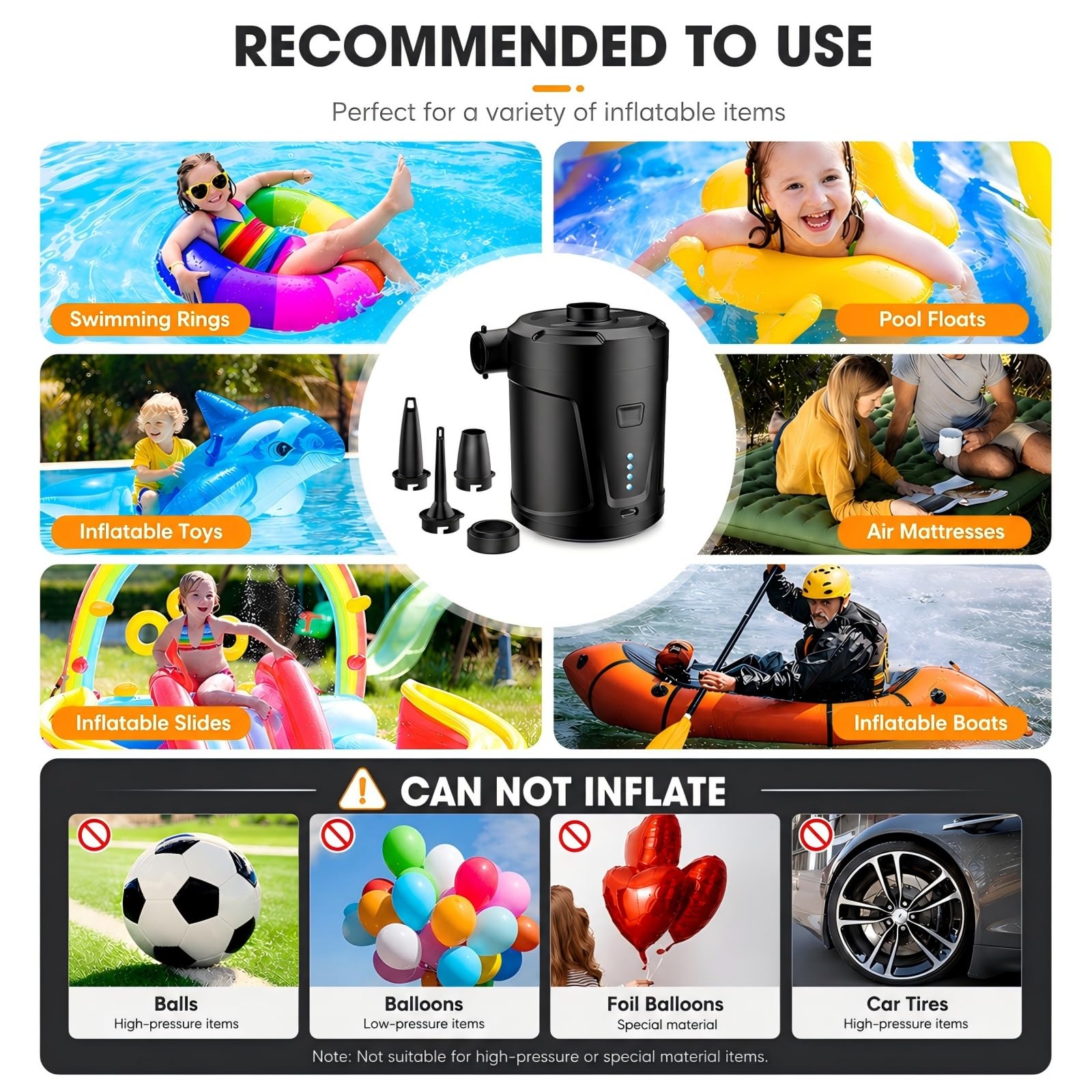 SUPPOU Elektrische Luftpumpe,5200mAh Wiederaufladbare Akku Luftpumpe Planschbecken Pool Kinder,Mini Elektrische Pump Inflator mit 4 Luftdüsen,Schnell Inflator für Schlauchboot und Luftmatratze 7