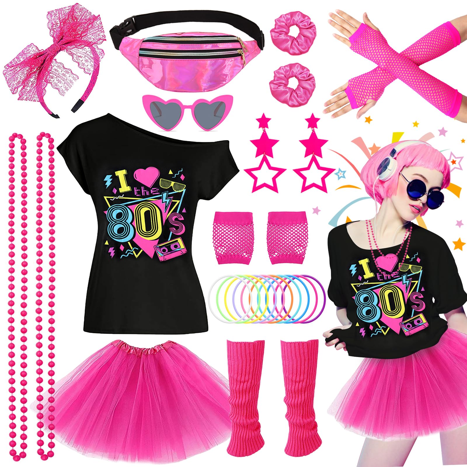 12 Pcs 80s Costume Outfits Accessories Set for Women, 1980s Fancy Dress Party Kits with T-shirt Tutu Headband Necklace Leg Warmers Glasses Bracelet for Women 80s Retro Neon Theme Party Dress Up-XXL
