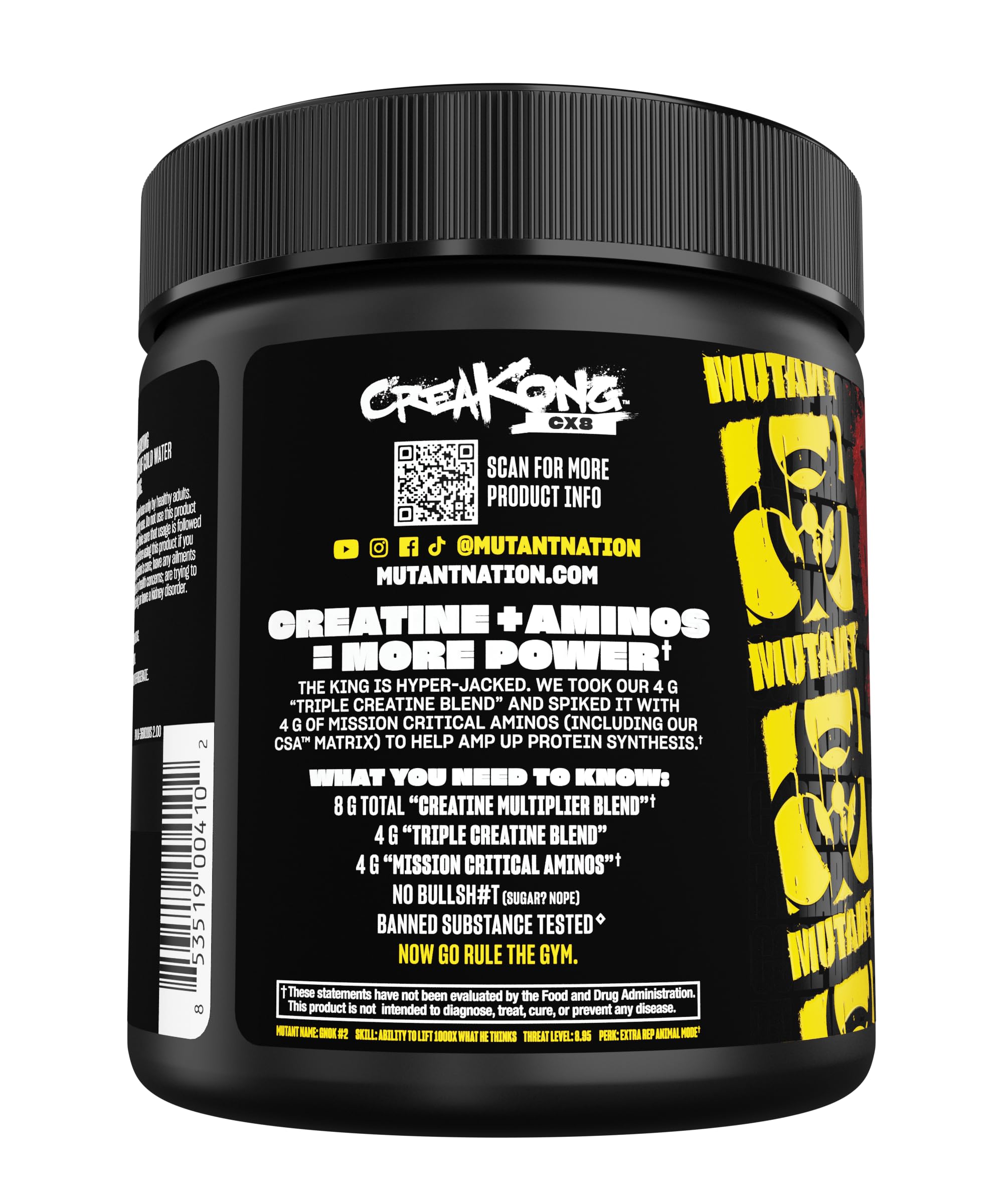 Mutant CREAKONG CX8 – Advanced Creatine + Amino Supplement with 4g Triple Creatine Blend, 4g Amino Blend (BCAAs & Taurine) for Muscle Growth & Performance – Unflavoured, 249g (30 Servings)