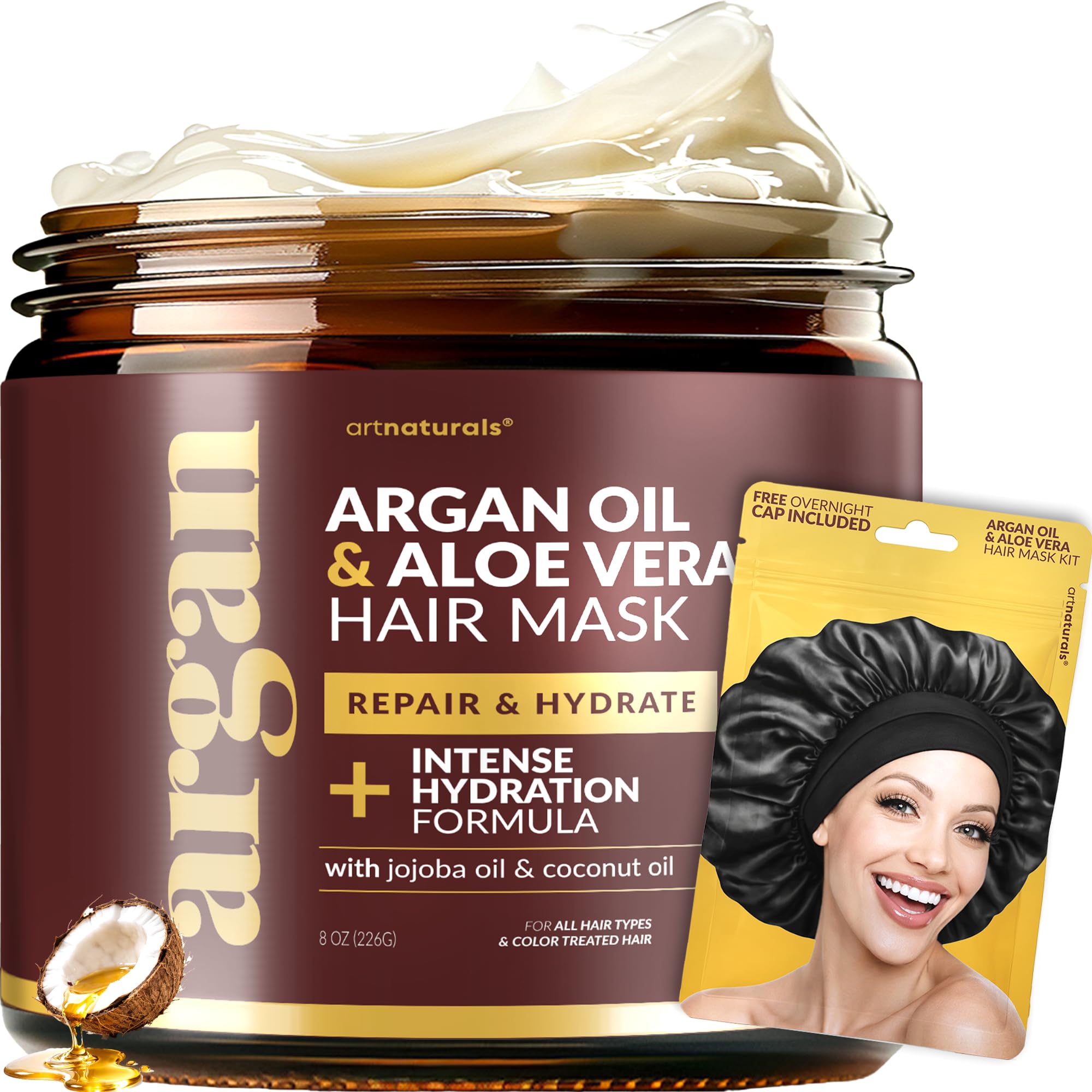 Artnaturals Argan Hair Mask Conditioner + Satin Bonnet Set - (8 Oz/226g) - Deep Conditioning Treatment - Jojoba Oil, Aloe & Keratin - Repair Dry, Damaged, Color Treated, Hair Growth - Sulfate Free