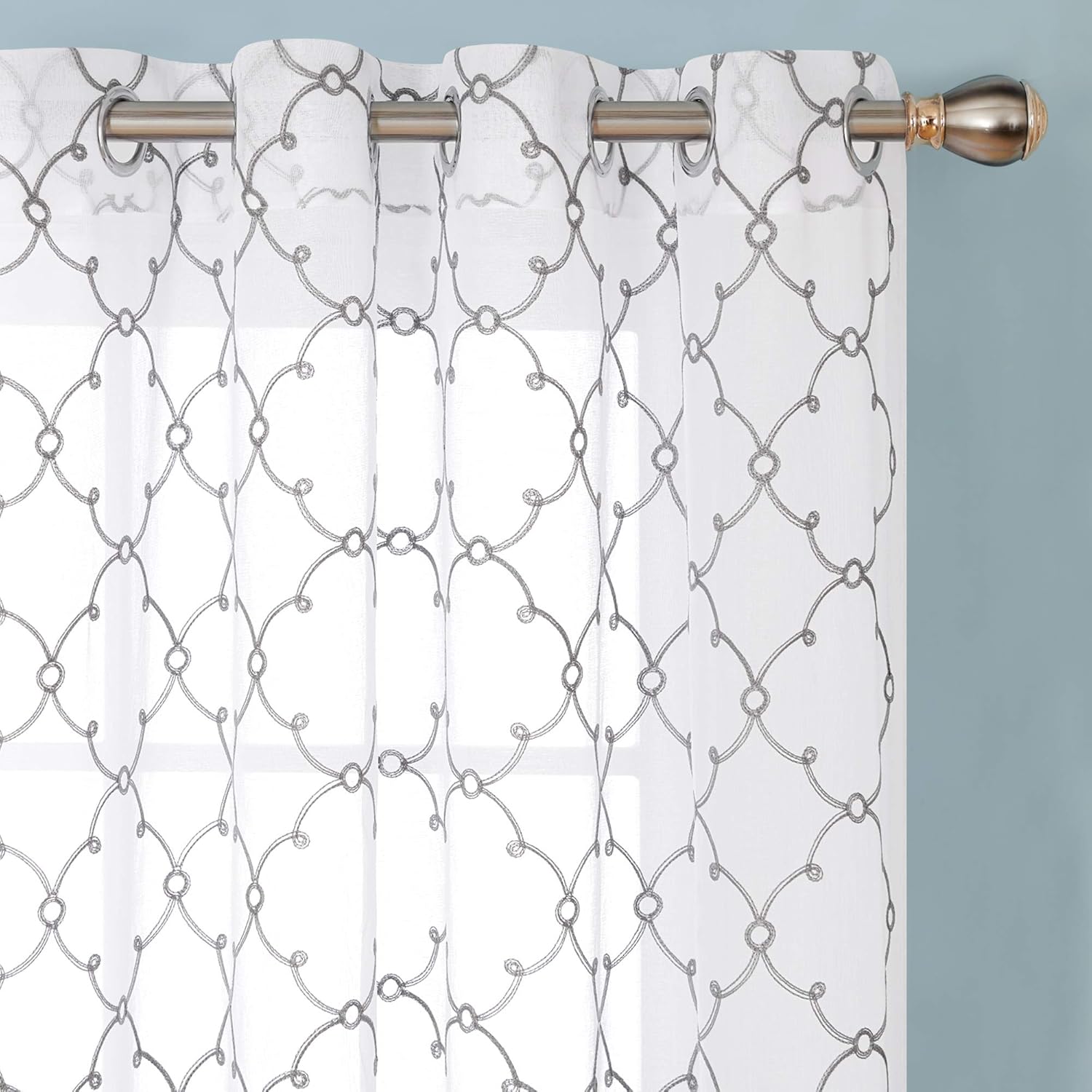 Deconovo Eyelet Diamond Embroidery Voile Curtains Decorative Net Curtains Semi Transparent Voile Net Curtains 55 x90 Drop Inch Grey Set of 2 - Image 3