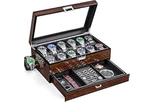 BEWISHOME High-End Watch Case, 12-Slot Watch Box with Valet Drawer, 2-Layer Wooden Watch Display Case for Jewelry, Watch Organizer Watch Storage Holder for Men Women Brown SSH02Y