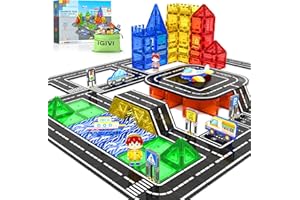 IGIVI 112PCS Magnetic Tiles Road Set with Vibrant Color & Ultra Magnet Strength, City Road Building Blocks Construction Toys for Toddlers Kids Ages 3-12, Creative Gifts STEM Toys for 3+ Years Old Boys Girls