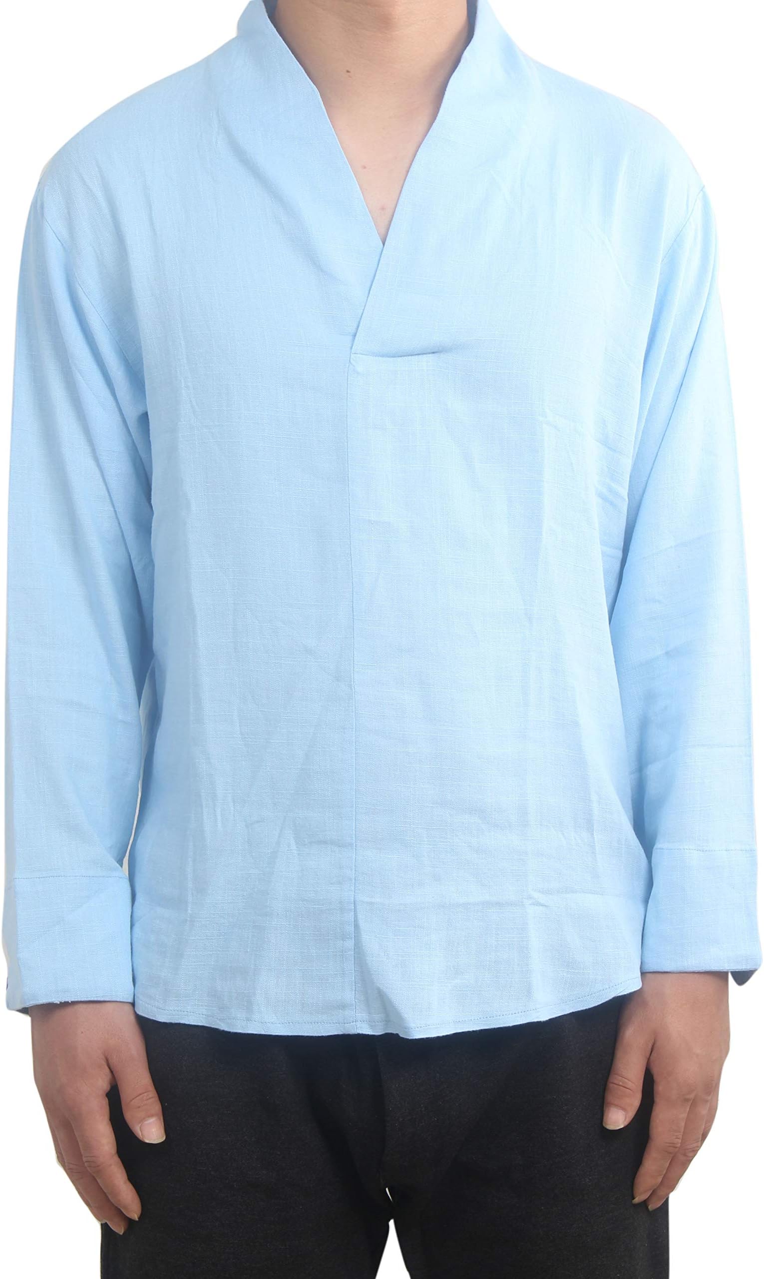 Men's Casual Long Sleeve Solid Gentle Style Natural Linen Popover Shirt (Large, A7 Light Blue)