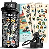 National Parks Water Bottle with Stickers, Birthday Gifts for Men and Women, 32oz Wide Mouth Leakproof Stainless Steel Bucket List Insulated Bottle for Camping & Hiking