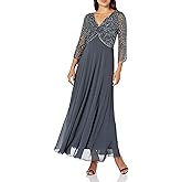 J Kara Women's Plus Size 3/4 Sleeve V-Neck Beaded Top Long Gown