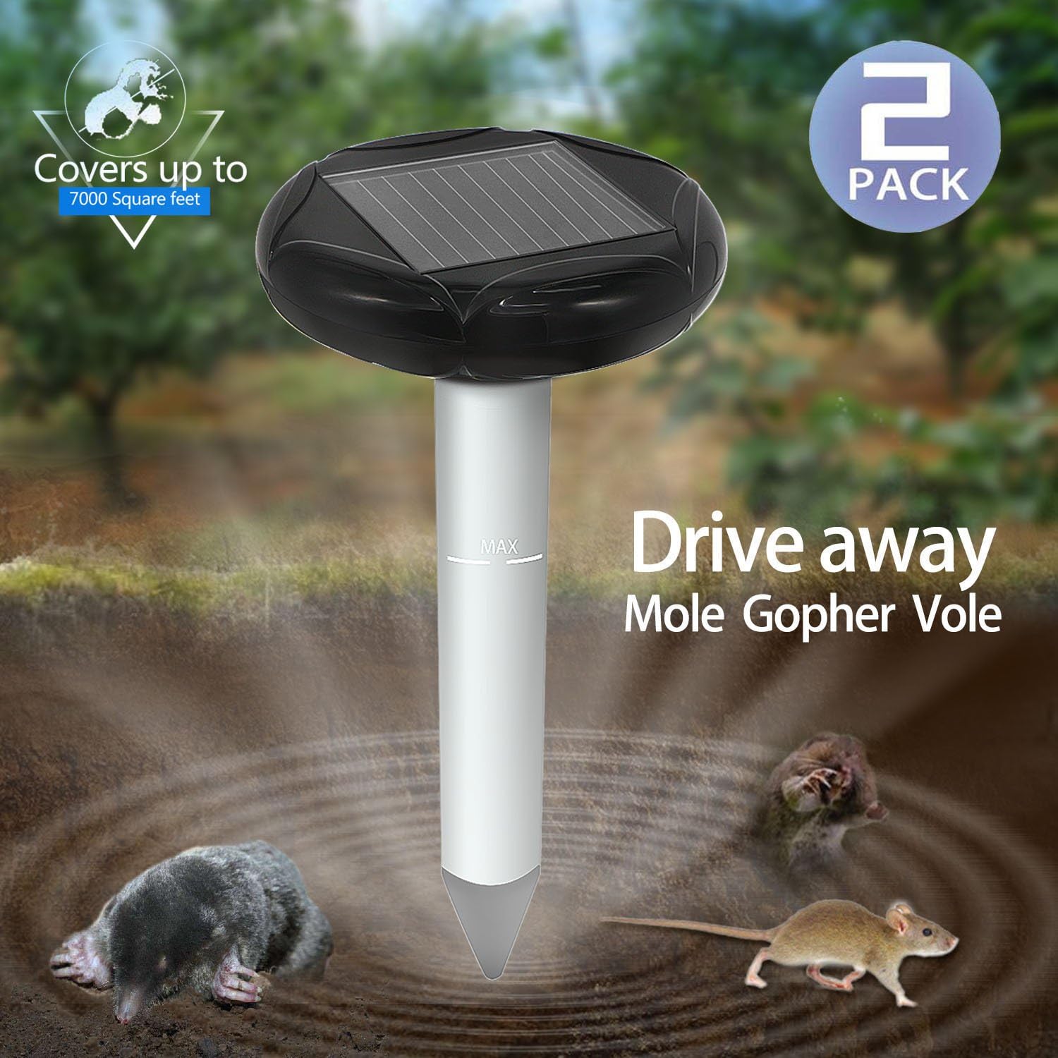 Wonninek Pack of 2 Solar Mole Repeller Gopher Repellent Ultrasonic Vole Repeller Mole Chaser Rodent Deterrent Lawn Garden Yards Outdoor Waterproof