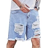 Verdusa Men's Ripped Bermuda Denim Shorts Straight Leg Jean Jorts with Pockets Light Blue Medium